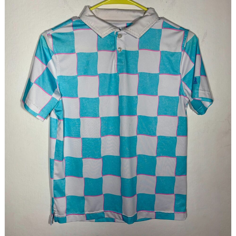 Chubbies Youth Medium Performance Golf Polo Shirt Blue White Checkered Stretch
